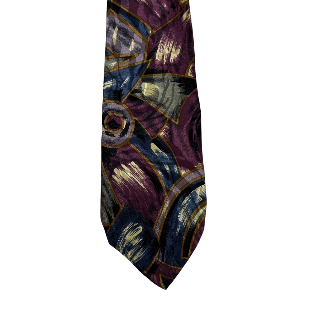 Tattersall Mens Silk Necktie Abstract Geometric Brushstroke Purple Navy Gold - Picture 7 of 7